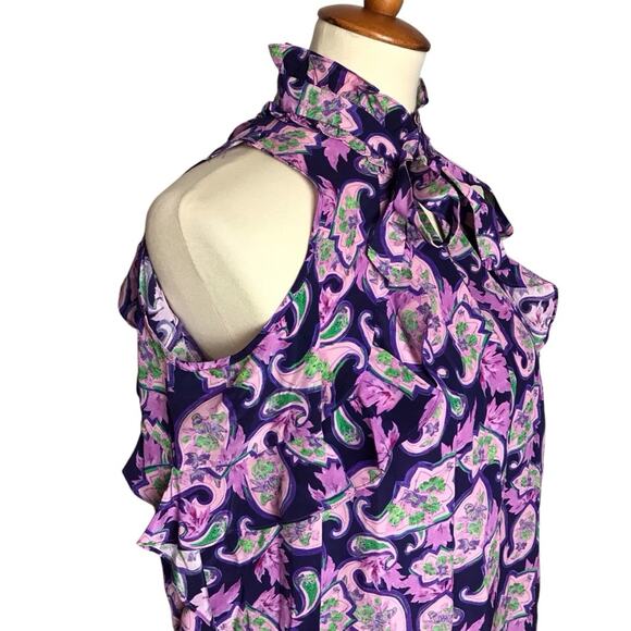 Sandro Paris 100% Silk Purple Paisley Ruffle Cold Shoulder Mini Party Dress 3/L - Picture 9 of 16